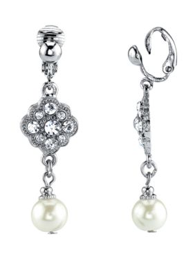 Silver Tone Crystal Simulated Pearl Drop Clip Earrings