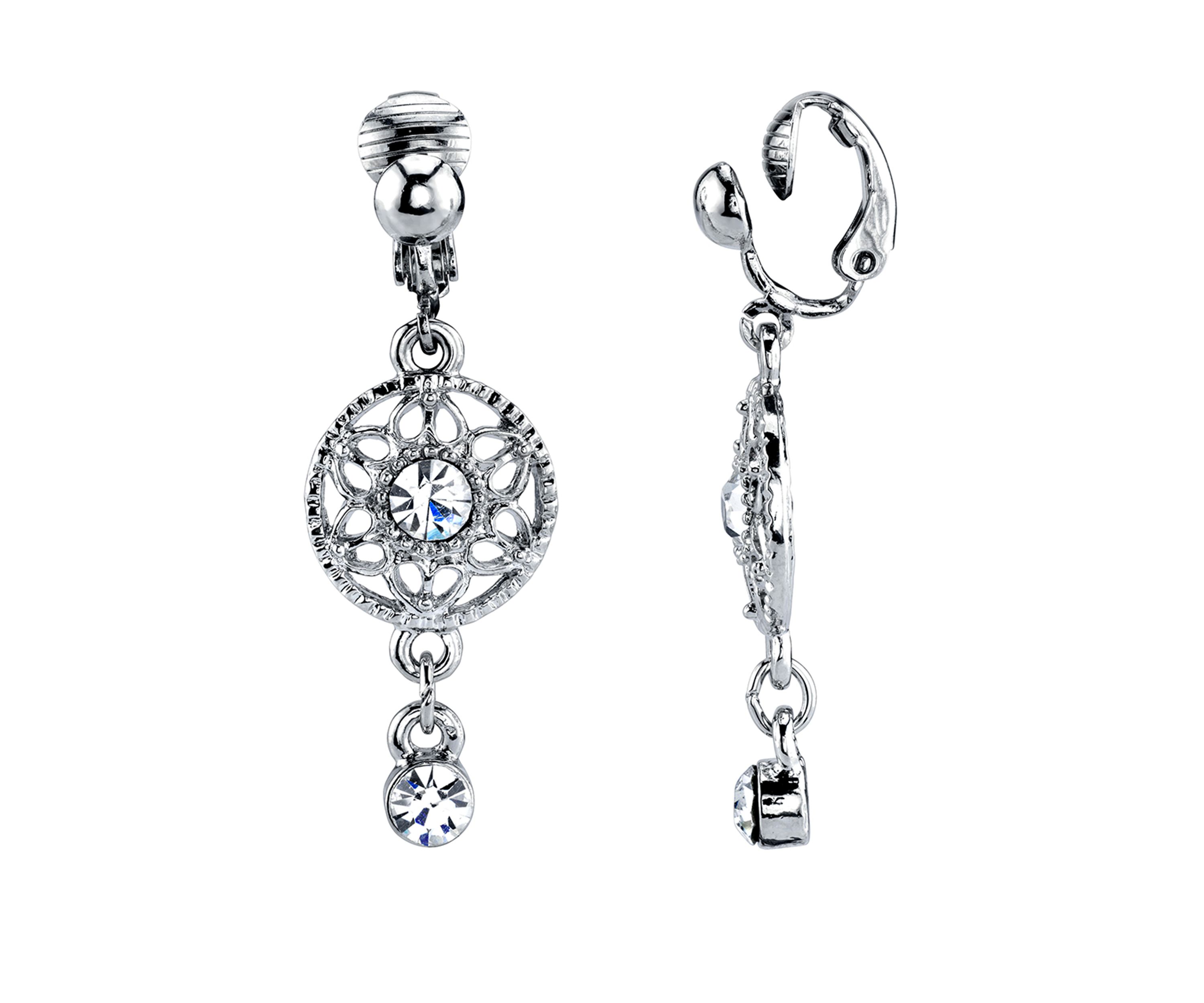 Silver Tone Crystal Drop Clip Earrings