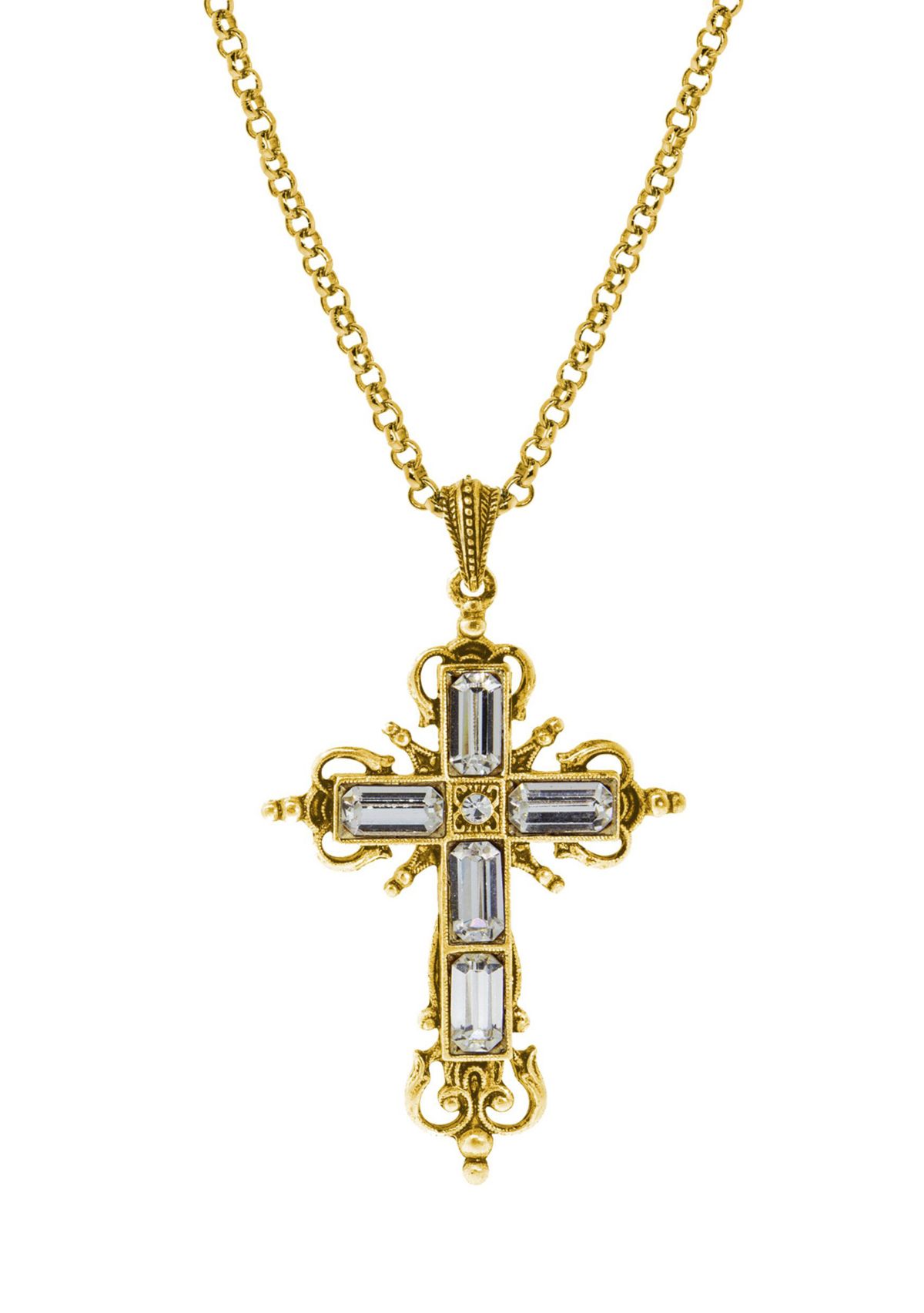 14K Gold Dipped Crystal Cross Necklace - 18 Adj.