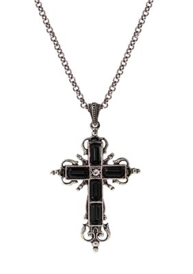 Silver Tone Black Crystal Cross Necklace - 18" Adj