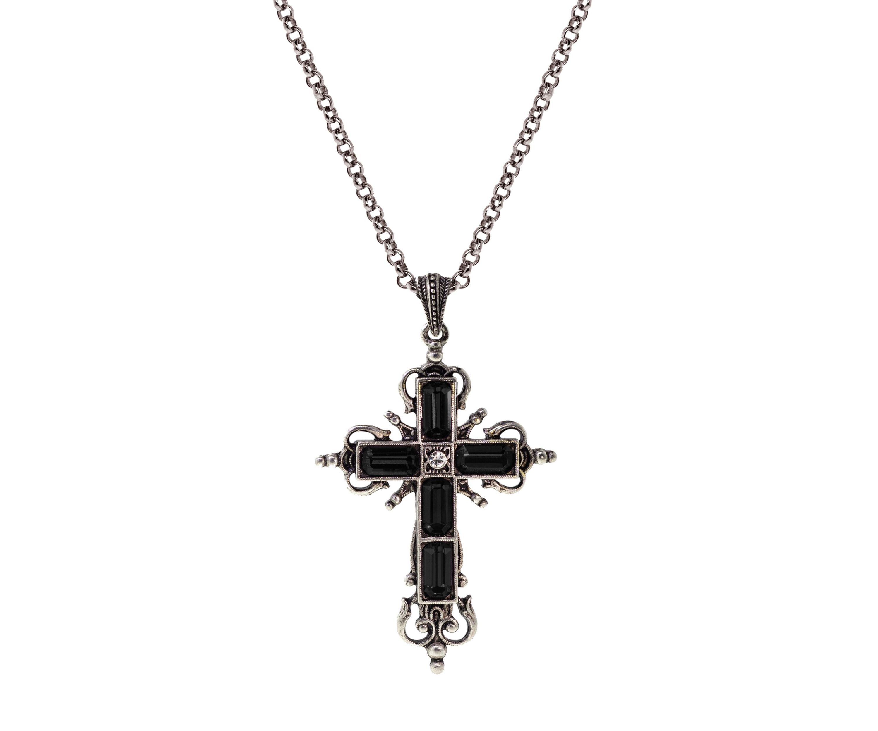 Silver Tone Black Crystal Cross Necklace - 18" Adj