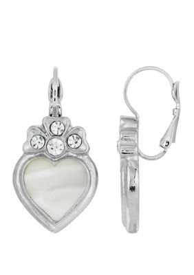 1928 Jewelry Silver Tone Crystal Genuine Mother of Pearl Heart Lever Back Earrings