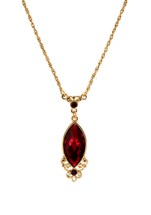 Gold Tone Red Filigree Pendant Necklace