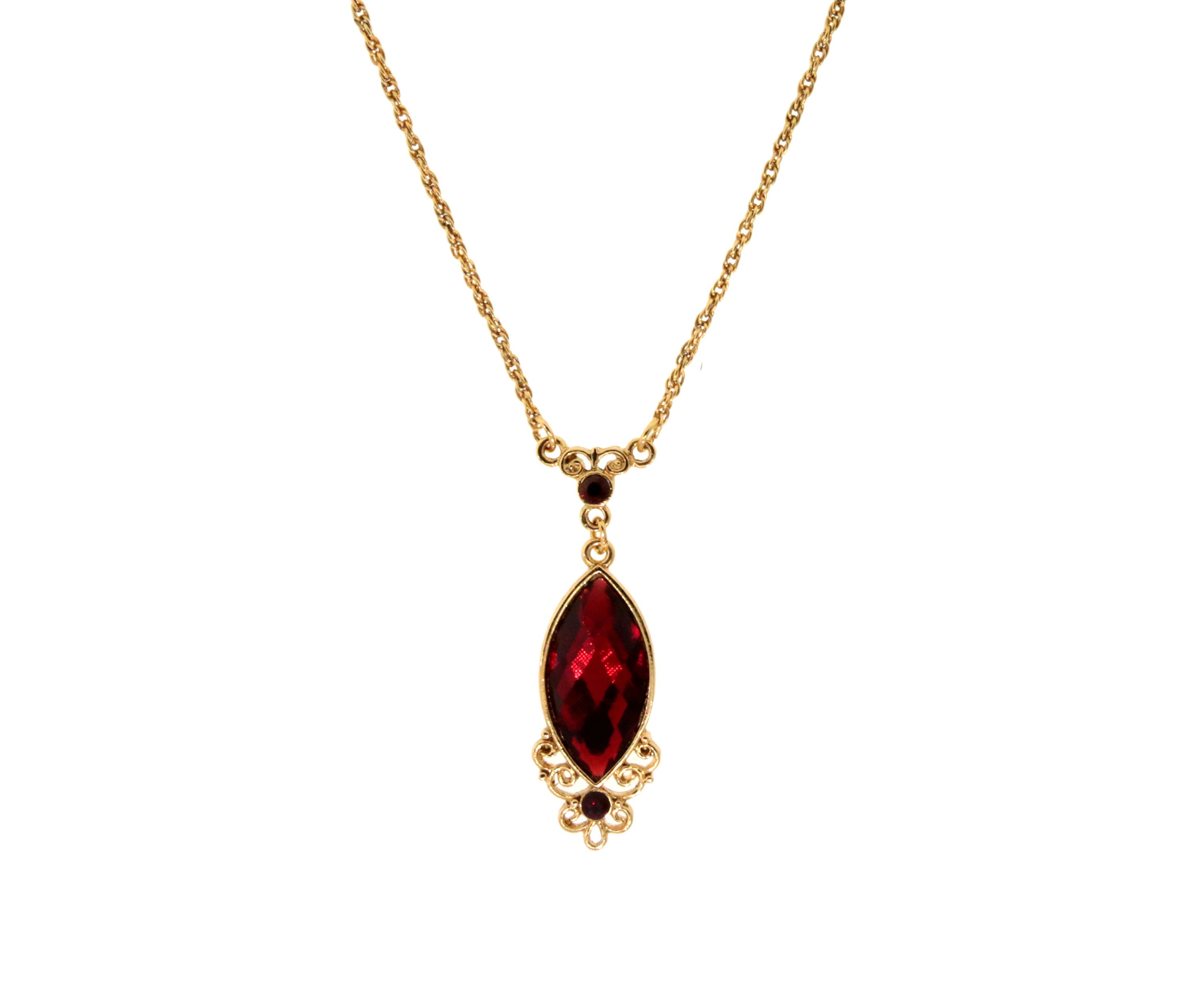 Gold Tone Red Filigree Pendant Necklace