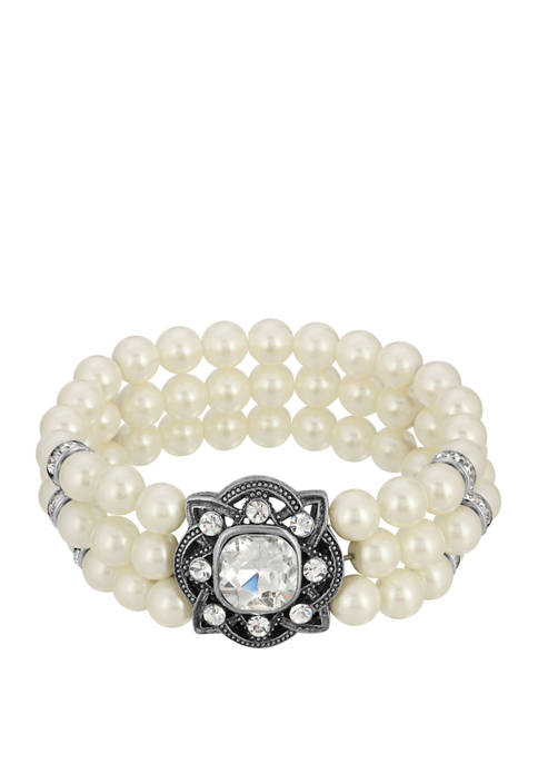 Silver Tone 3 Row Pearl and Crystal Stretch Bracelet