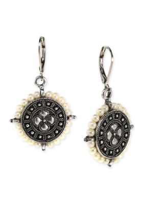 1928 Jewelry Pewter with Faux Pearl Round Ornate Button Drop Euro Wire Earrings