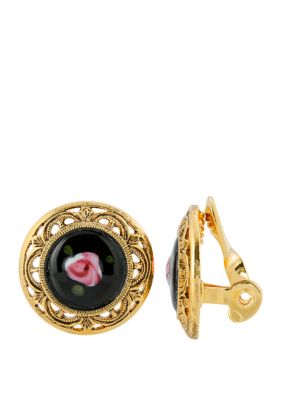1928 Jewelry Gold Tone Black Pink Flower Decal Stone Clip Earrings