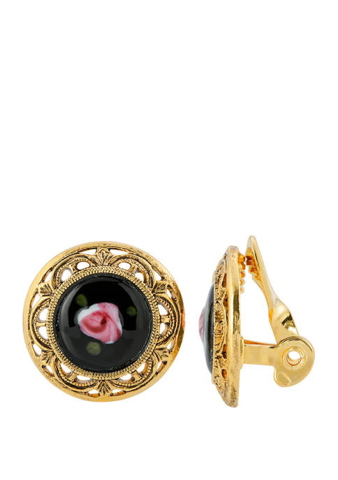Gold Tone Black Pink Flower Decal Stone Clip Earrings