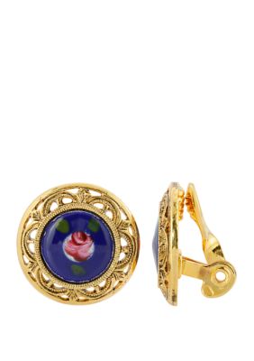 1928 Jewelry Gold Tone Blue with Pink Flower Decal Stone Round Clip Earrings