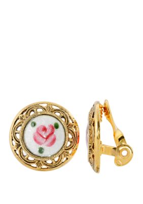 1928 Jewelry Gold Tone White with Pink Flower Decal Stone Round Clip Earrings