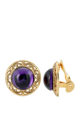 Gold Tone Purple Stone Round Button Clip Earrings