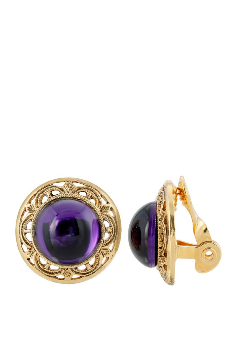 Gold Tone Purple Stone Round Button Clip Earrings