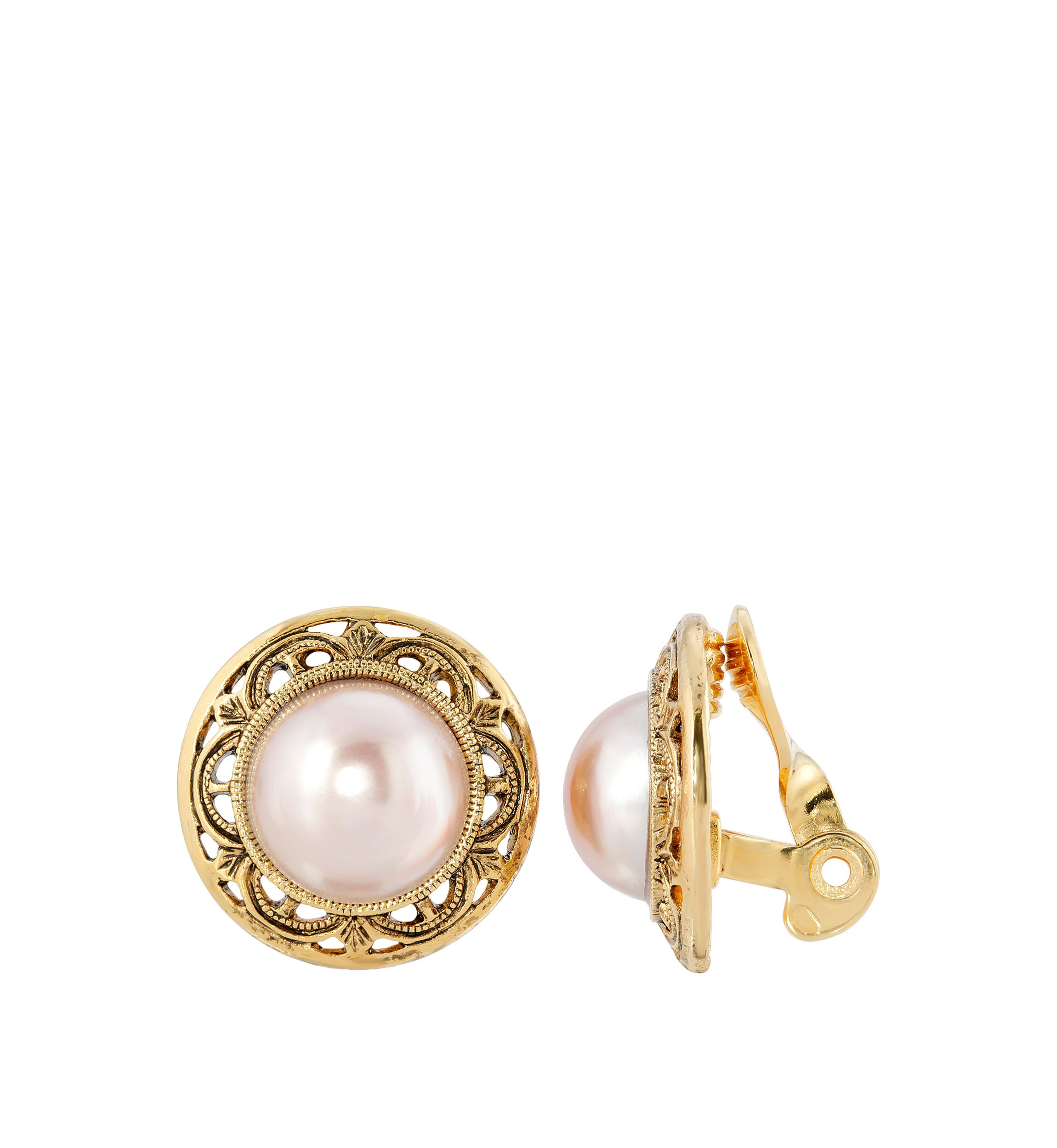 Gold Tone Faux Pink Color Pearl Round Button Clip Earrings