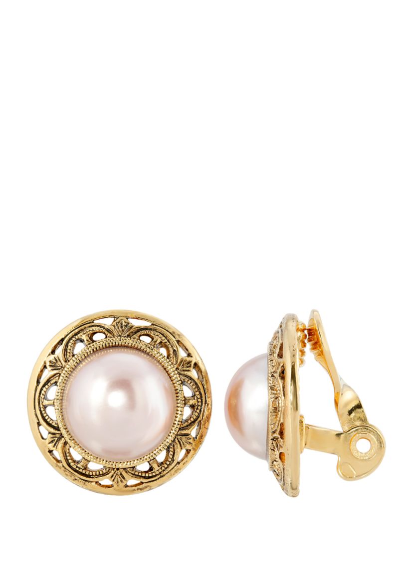 Gold Tone Faux Pink Color Pearl Round Button Clip Earrings