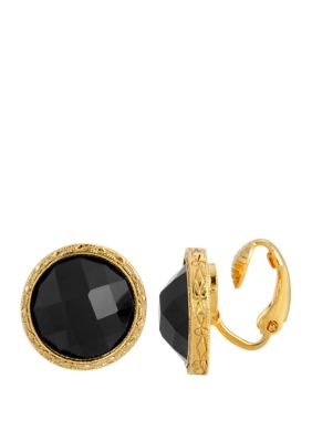 Gold Tone Small Black Round Faceted Button Earrings