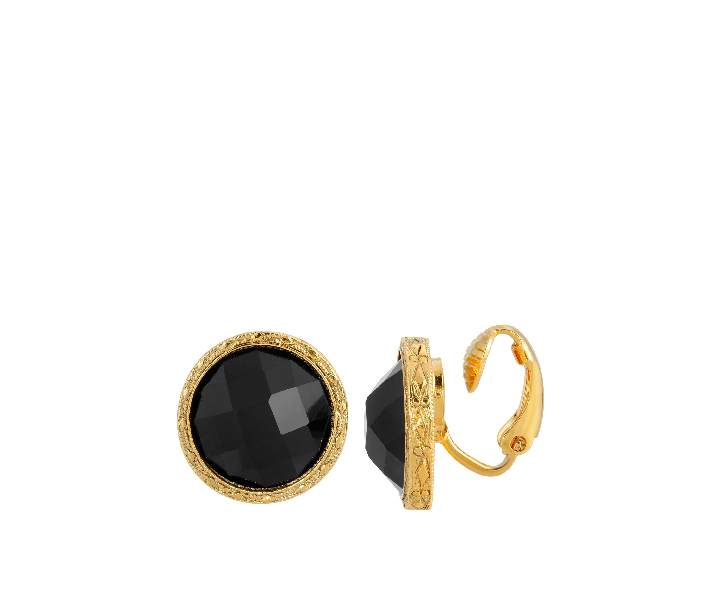 Gold Tone Small Black Round Faceted Button Earrings