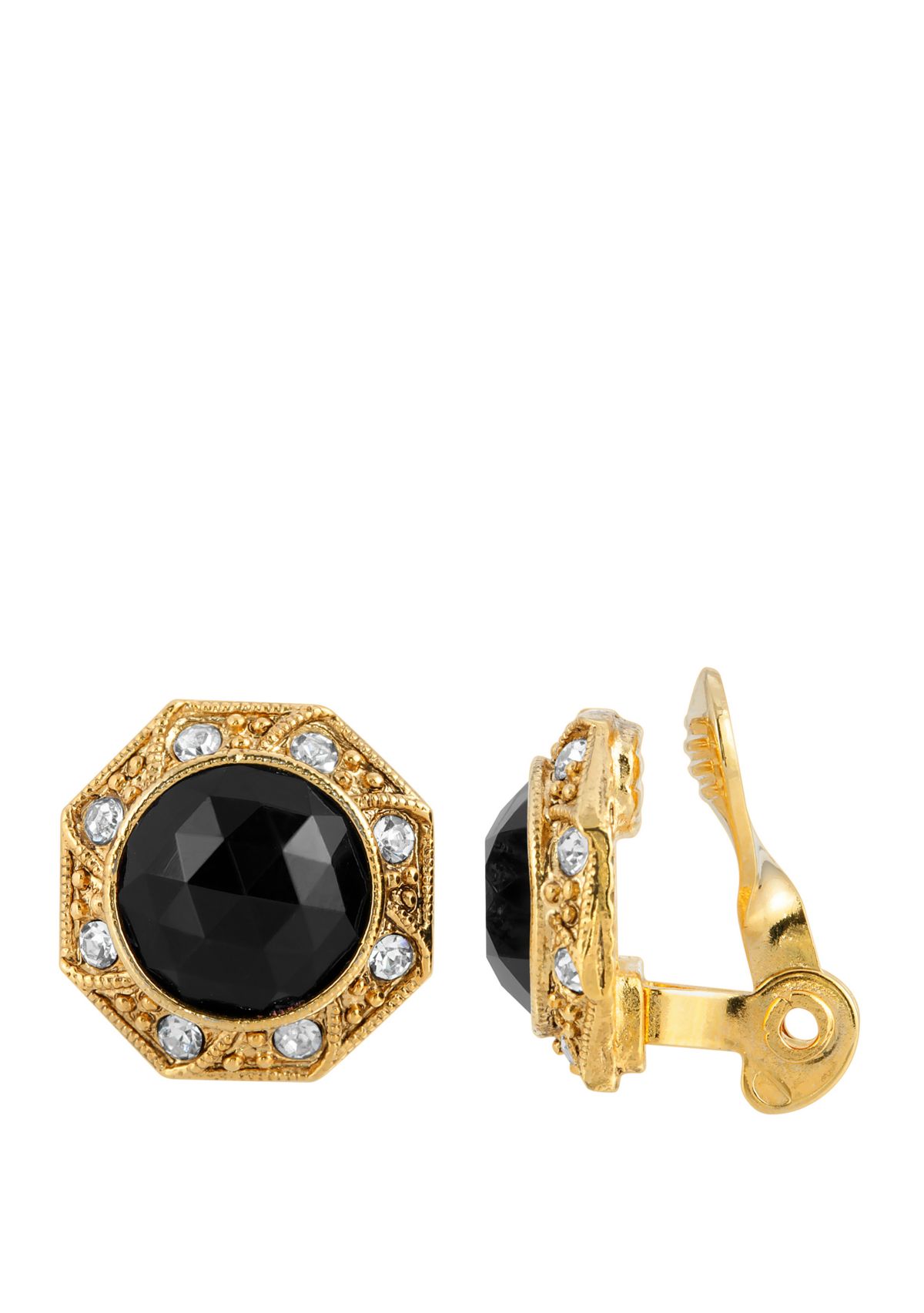Gold Tone Black Faceted Crystal Round Button Clip Earrings