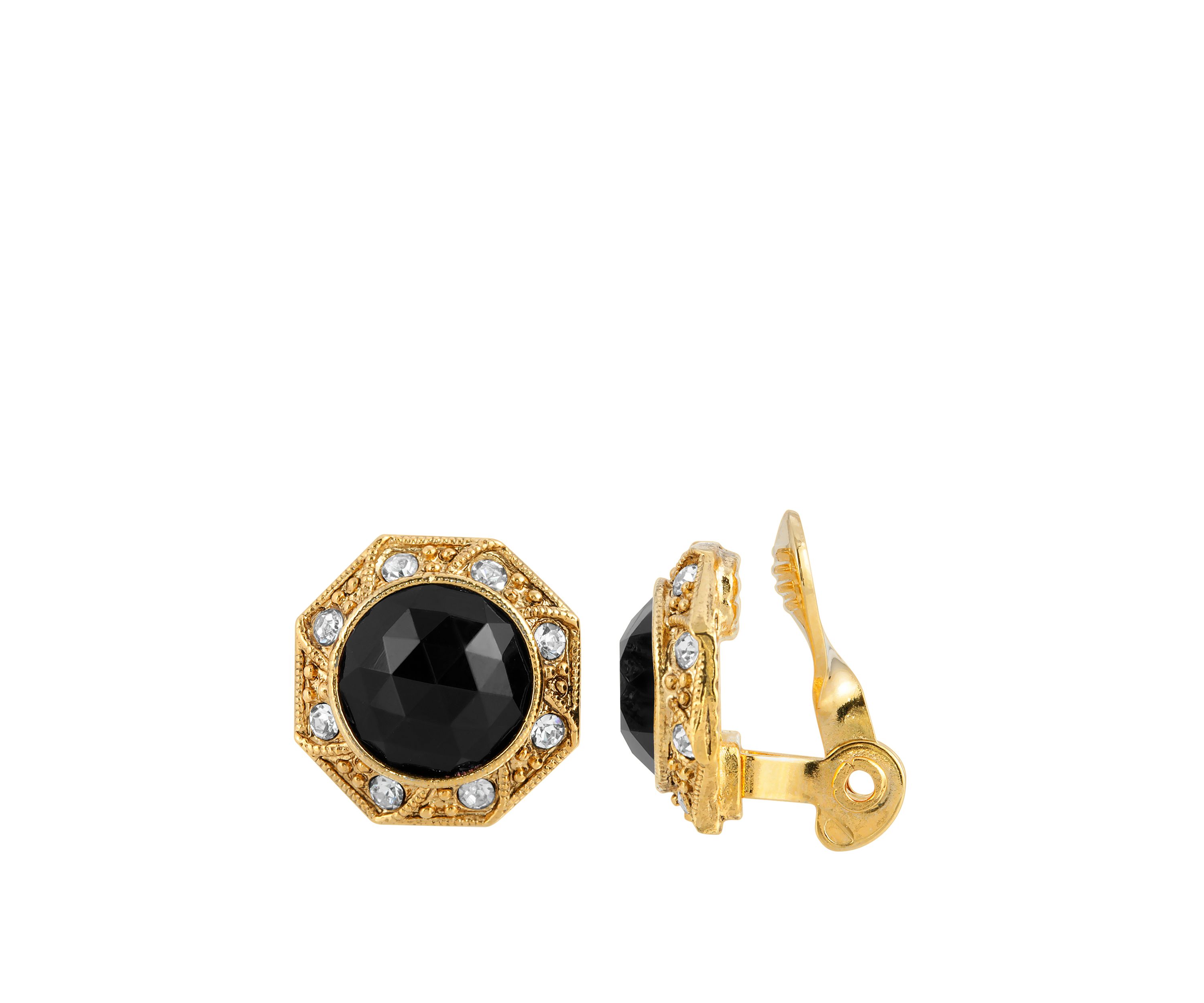 Gold Tone Black Faceted Crystal Round Button Clip Earrings