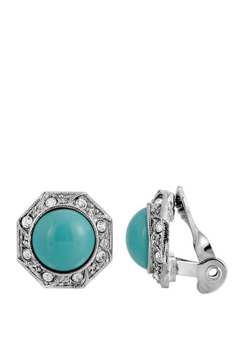 Silver Tone Turquoise Color Crystal Round Button Clip Earrings