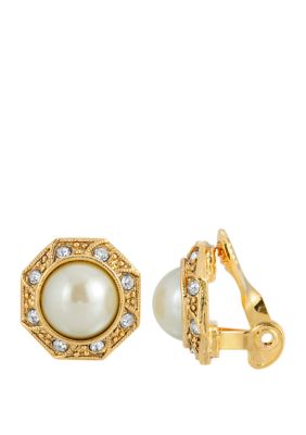 1928 Jewelry Gold Tone Faux Pearl Crystal Round Button Clip Earrings, White