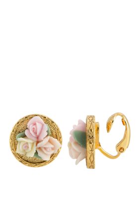 1928 Jewelry Gold Tone 3 Flower Pink and White Porcelain Flower Round Button Clip Earrings