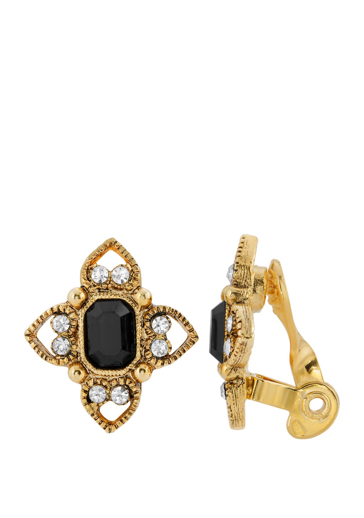 Gold Tone Black Rectangle Crystal Floral Clip Earrings