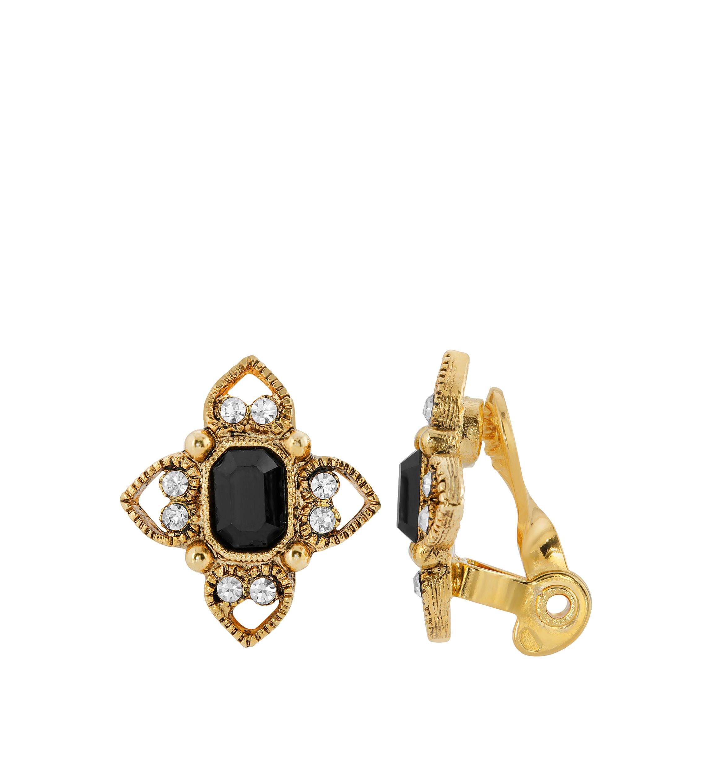 Gold Tone Black Rectangle Crystal Floral Clip Earrings