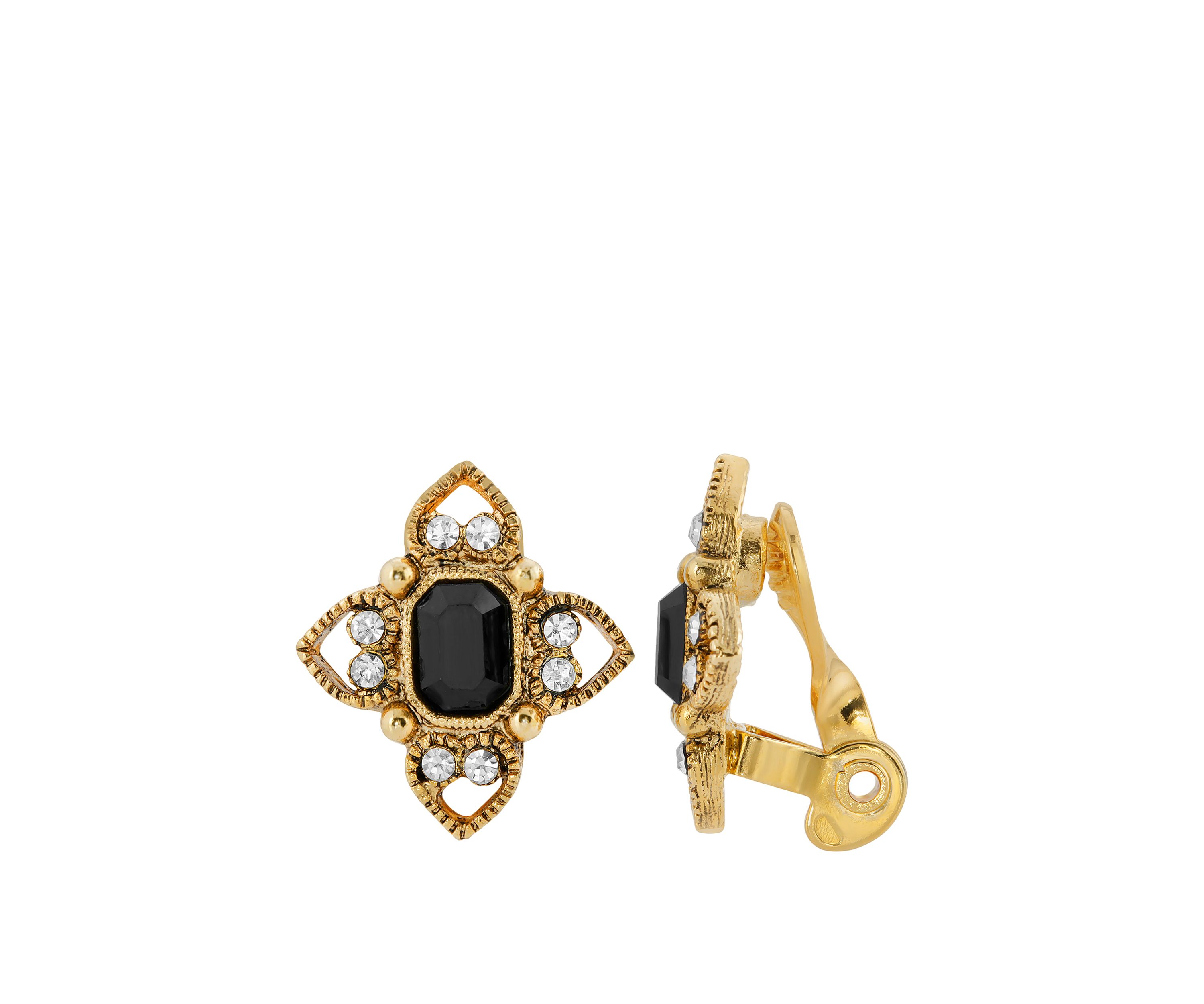 Gold Tone Black Rectangle Crystal Floral Clip Earrings