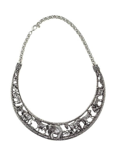 Silver Tone Elephant Collar Necklace