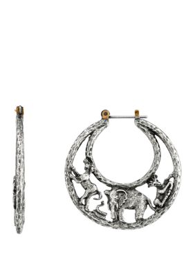 Silver Tone Elephant Hoop Earrings