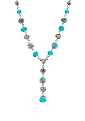 16 Inch Adjustable Silver Tone Aqua Pink Flower Beaded Drop Y Necklace