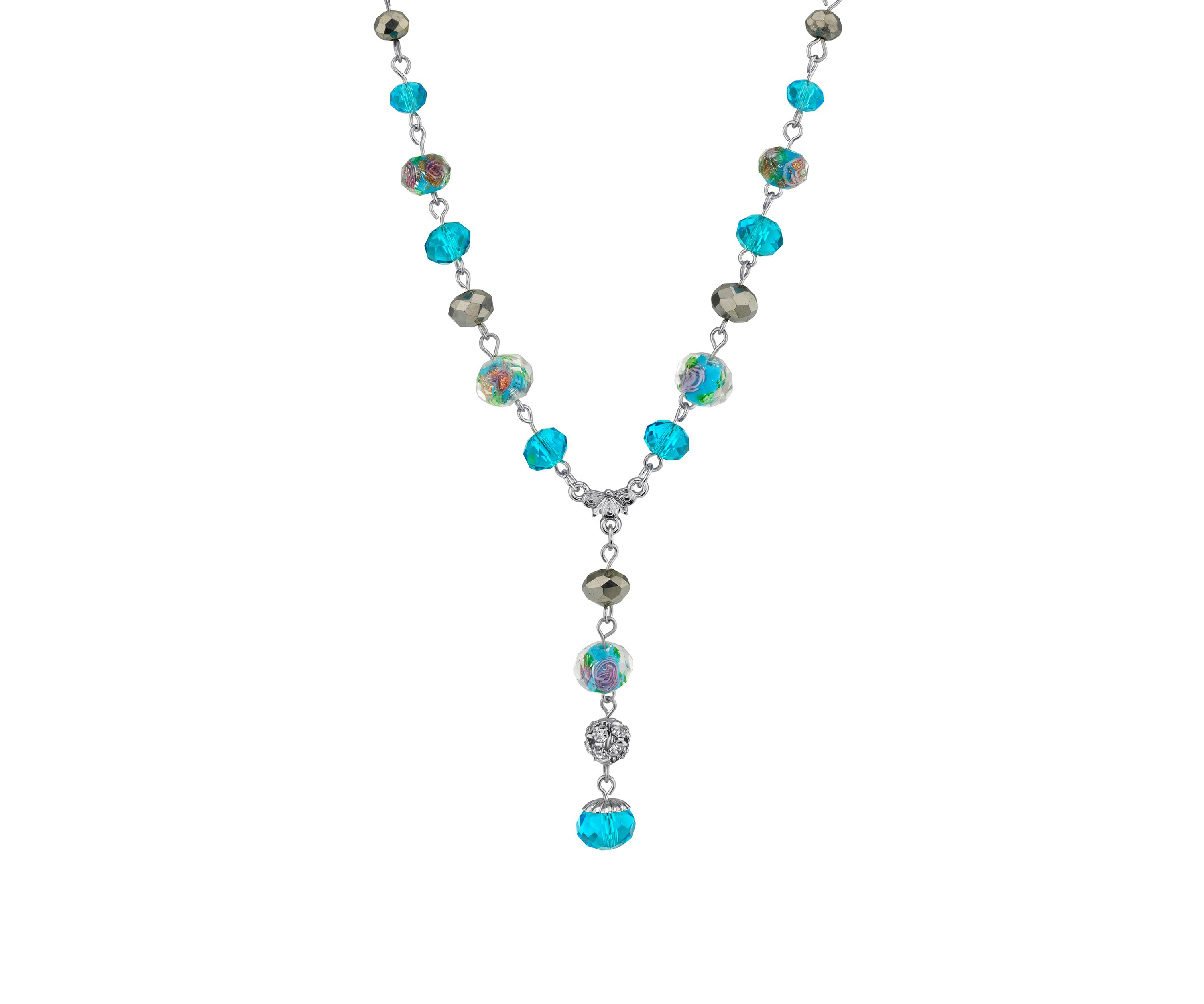 16 Inch Adjustable Silver Tone Aqua Pink Flower Beaded Drop Y Necklace