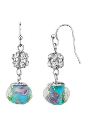 1928 Jewelry Silver Tone Aqua and Pink Flower Bead with Crystals Drop Wire Earrings