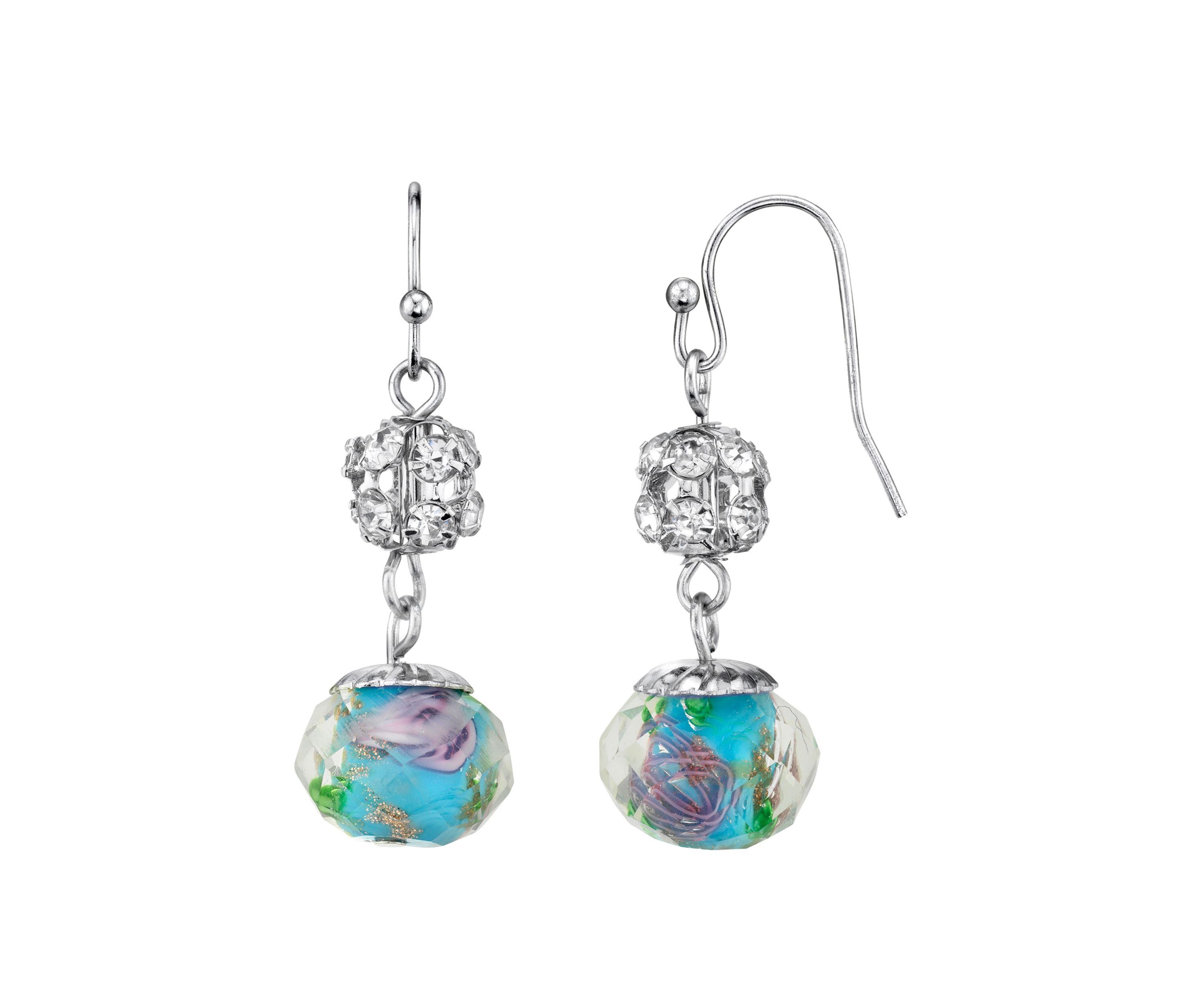 Silver Tone Aqua and Pink Flower Bead with Crystals Drop Wire Earrings