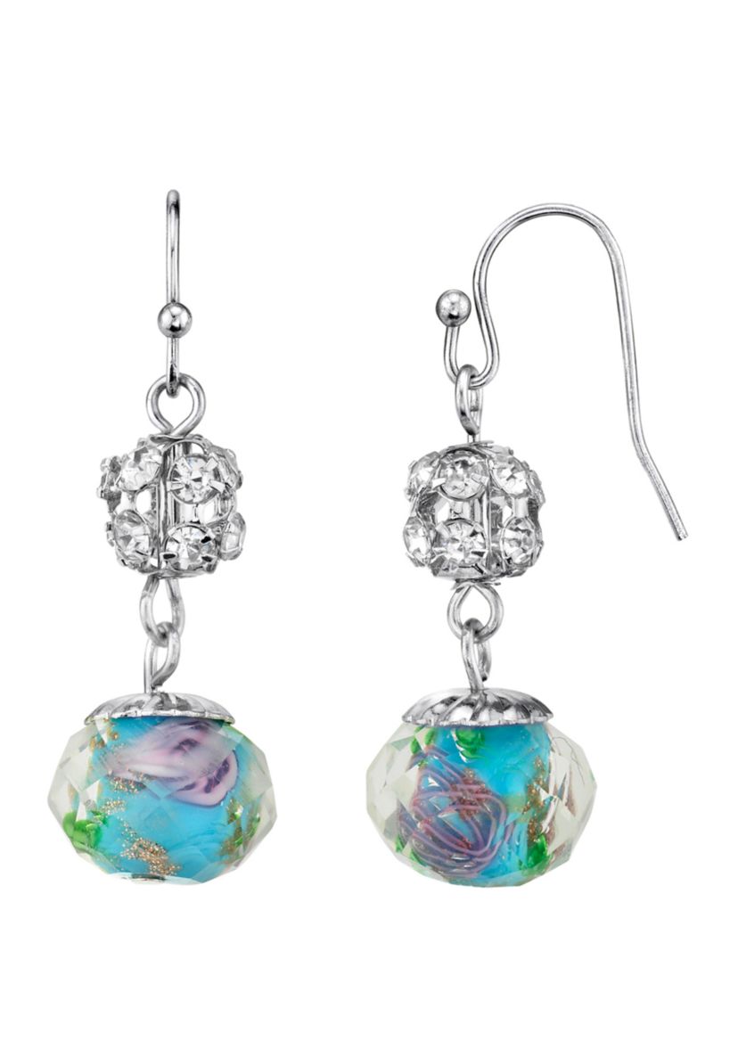 Silver Tone Aqua and Pink Flower Bead with Crystals Drop Wire Earrings