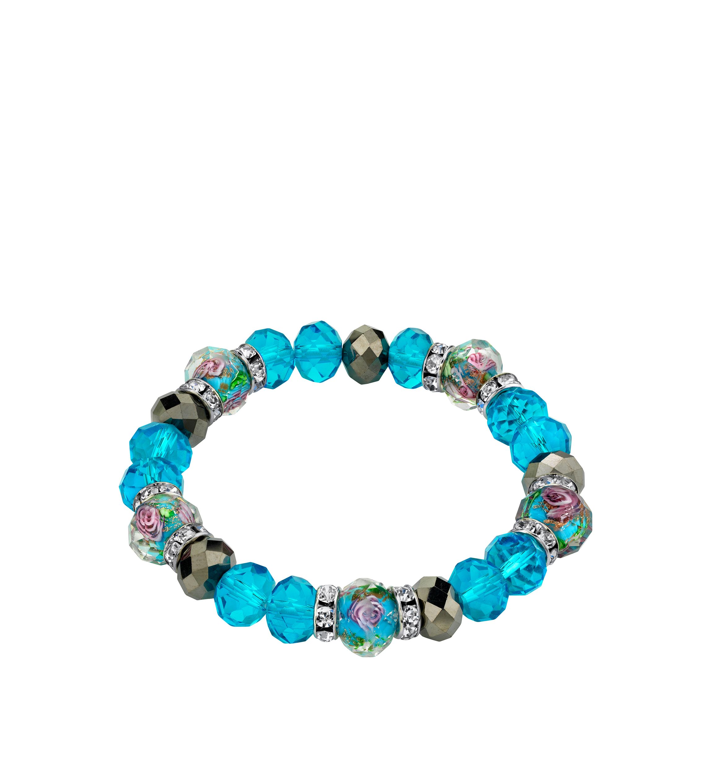 Silver Tone Aqua Pink Flower Crystal Stretch Beaded Bracelet