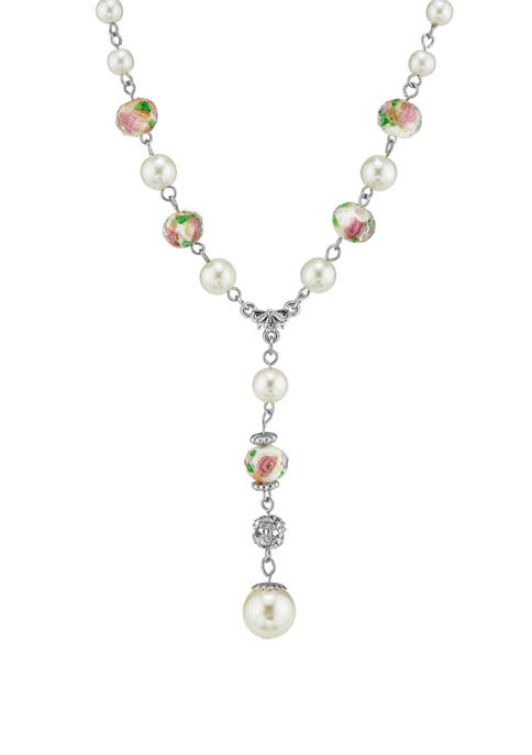 16 Inch Adjustable Silver Tone Faux Pearl Pink Flower Beaded Y Necklace