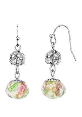 1928 Jewelry Silver Tone Aqua and Pink Flower Bead with Crystals Drop Wire Earrings, White, 15 in