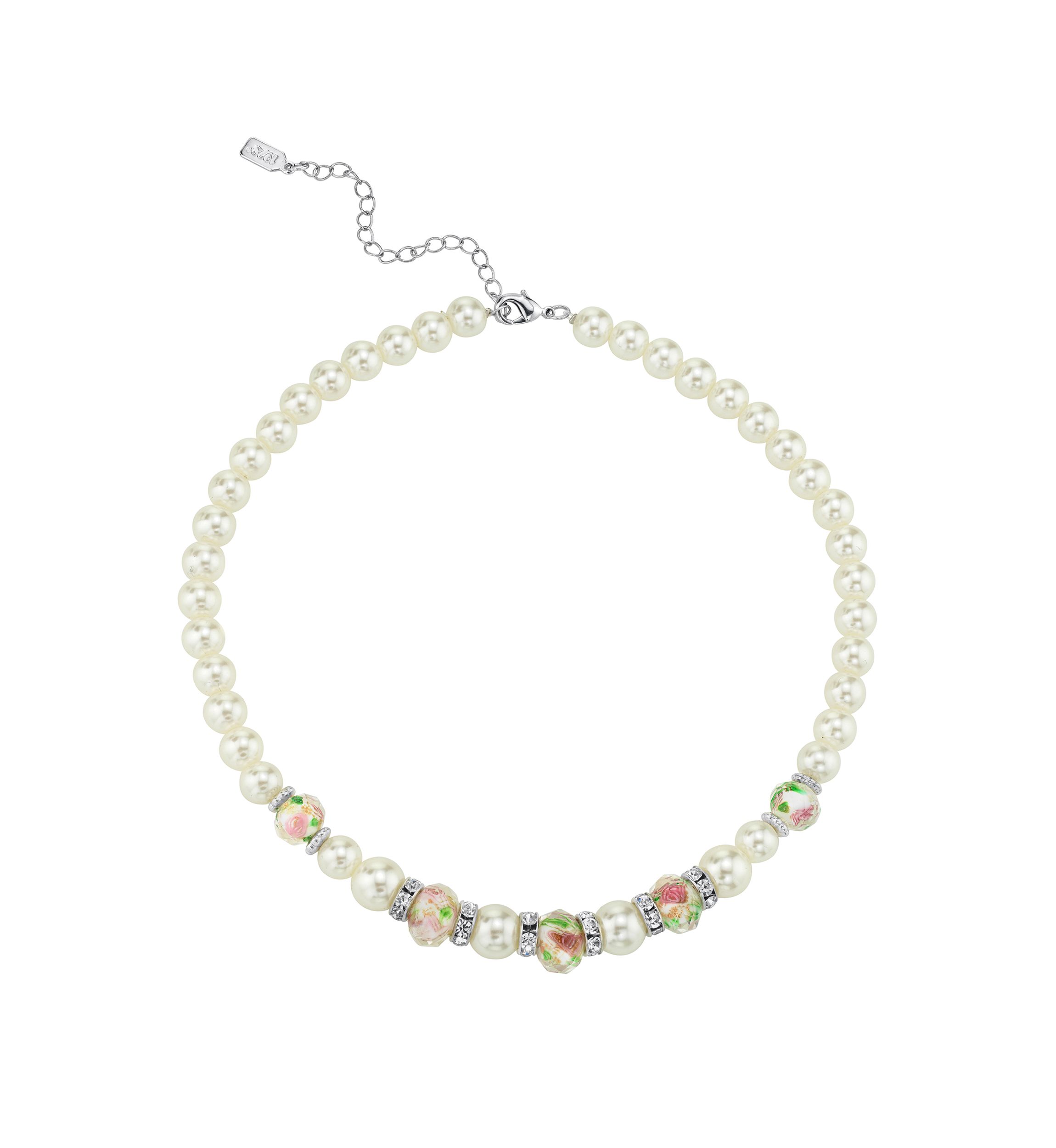 15 Inch Adjustable Silver Tone Faux Pearl Pink Flower Beaded Necklace 