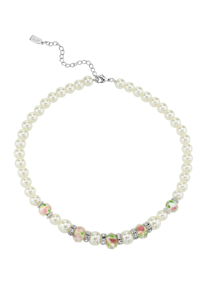 15 Inch Adjustable Silver Tone Faux Pearl Pink Flower Beaded Necklace 