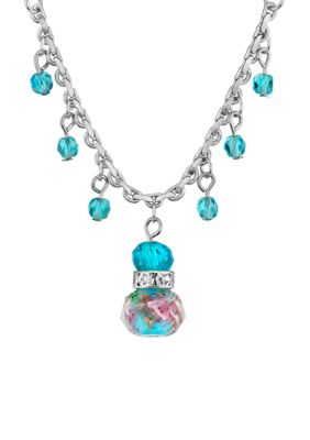 16 Inch Adjustable Silver Tone Aqua Pink Flower Beaded Drop Necklace