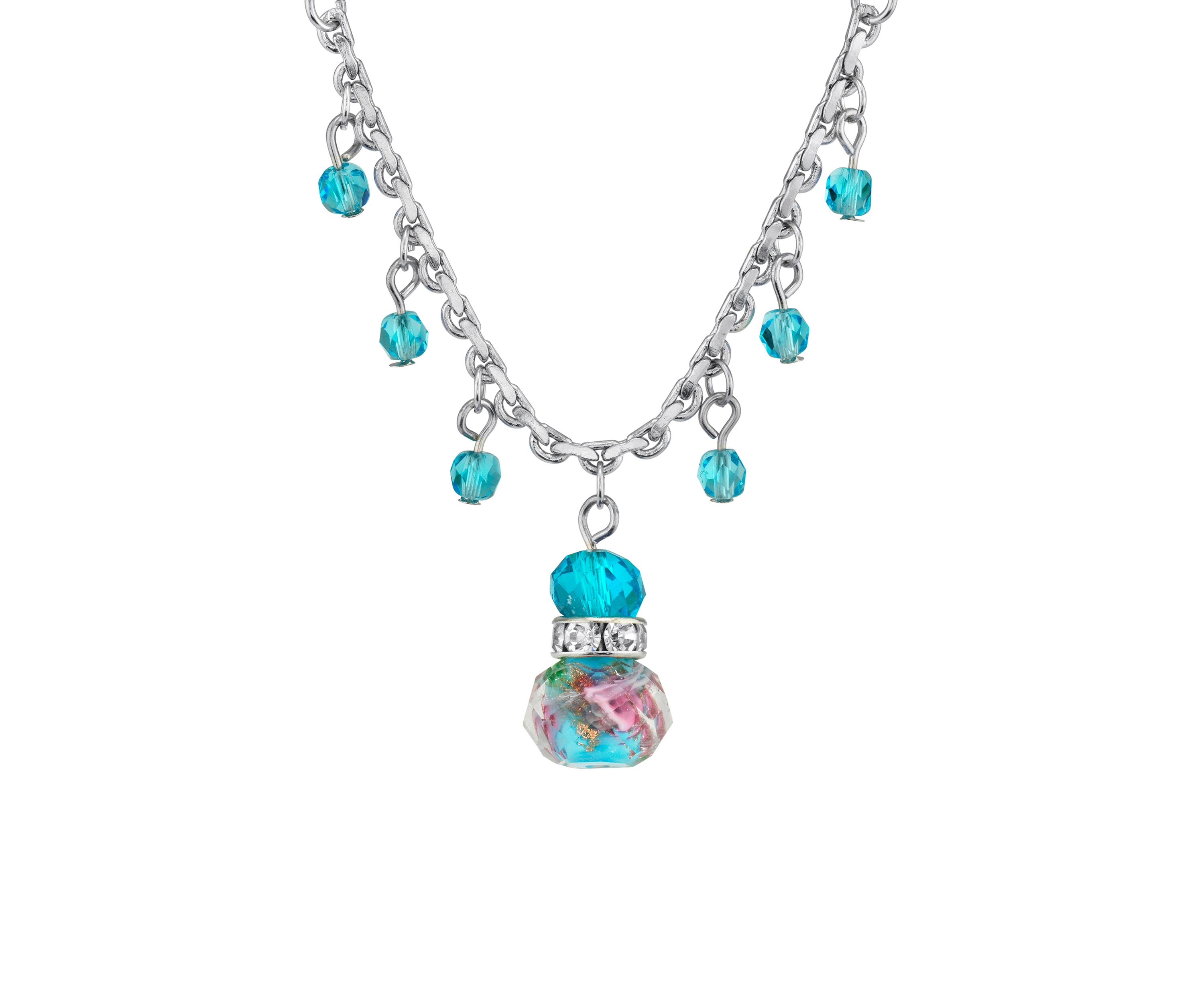 16 Inch Adjustable Silver Tone Aqua Pink Flower Beaded Drop Necklace