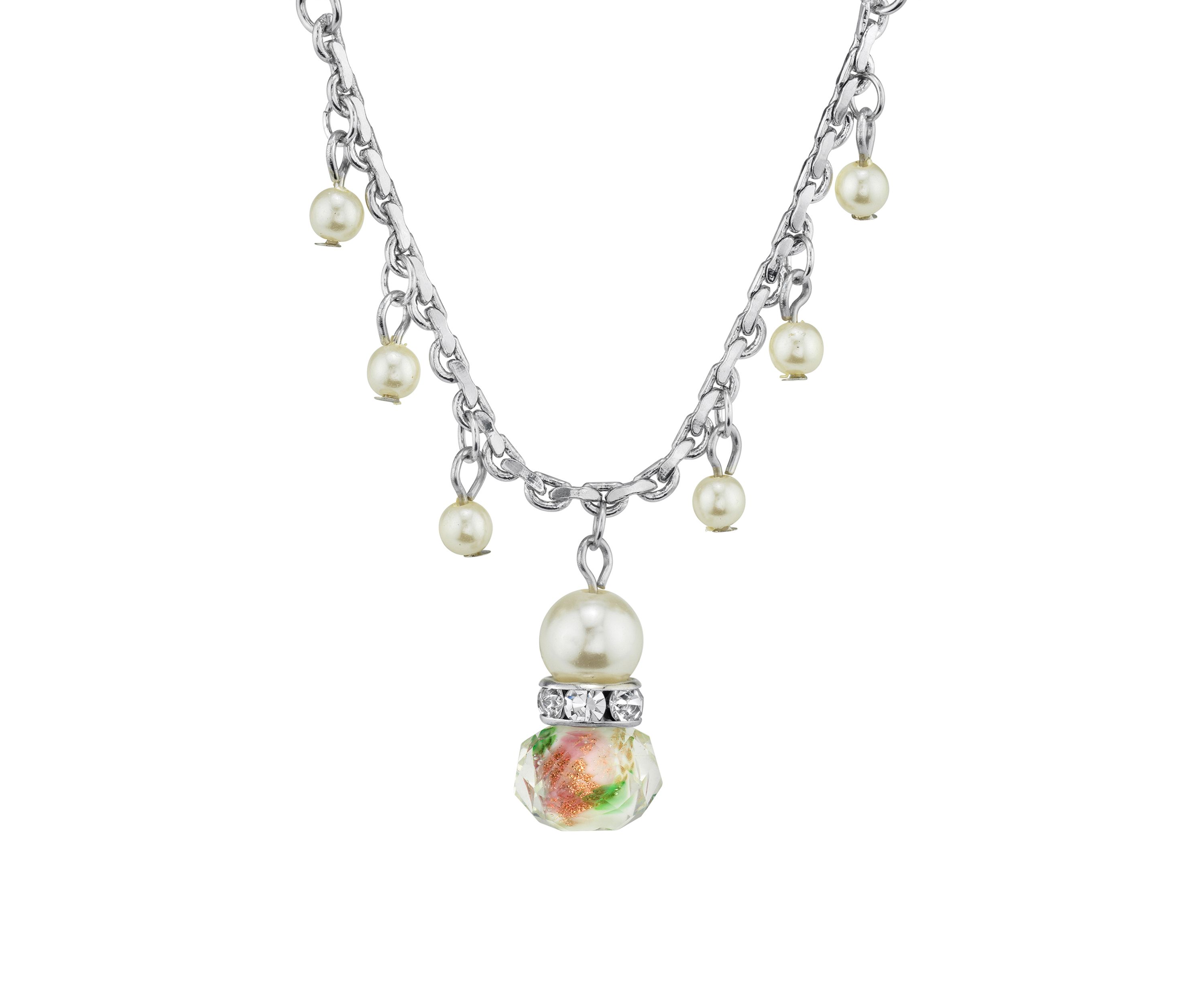 16 Inch Adjustable Silver Tone Faux Pearl Pink Flower Beaded Drop Necklace