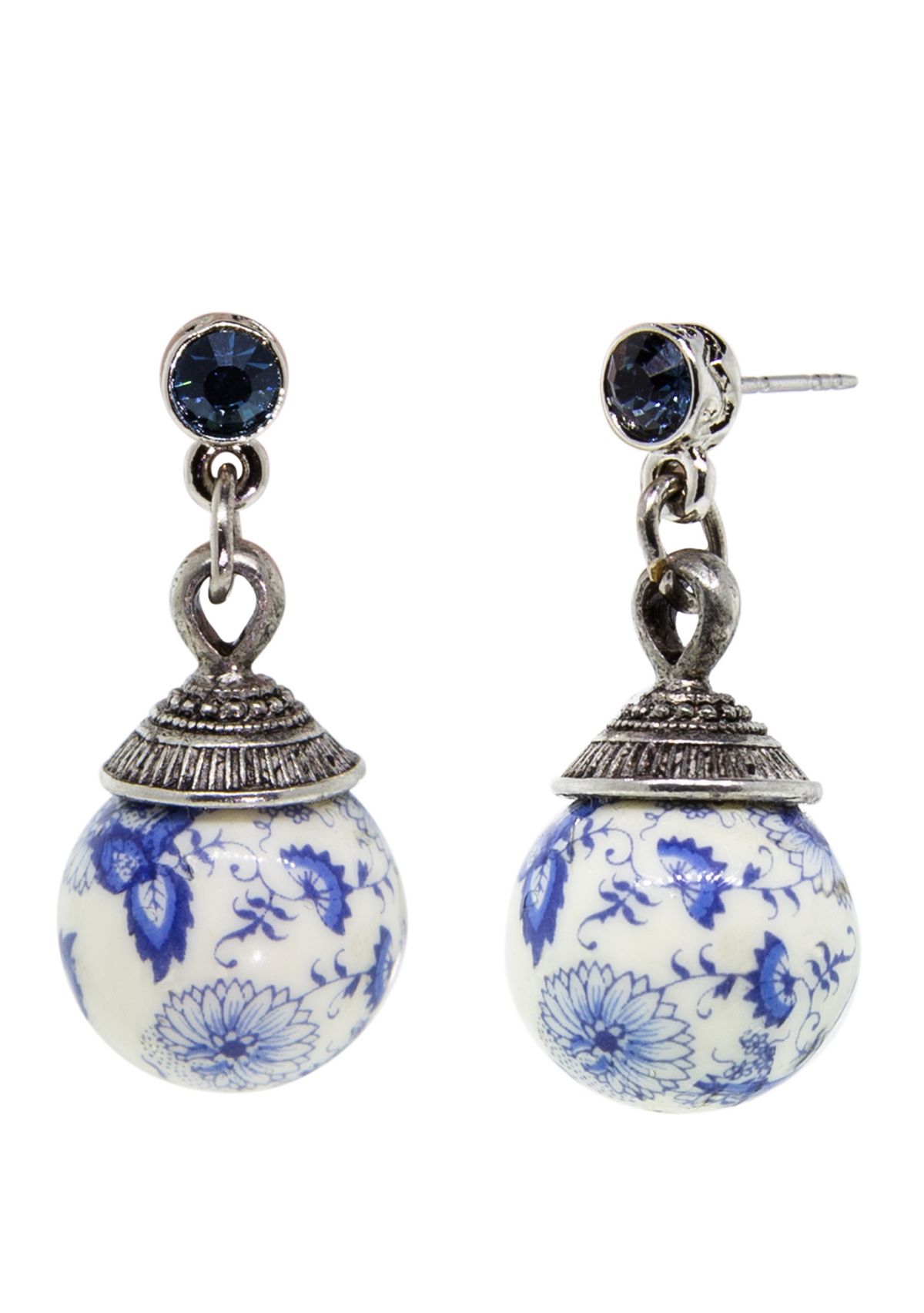 Silver Tone Blue Flower Bead Drop Earrings