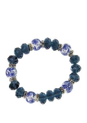 Silver Tone Blue Flower Stretch Bracelet