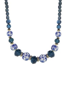 Silver Tone Blue Flower Bead Necklace
