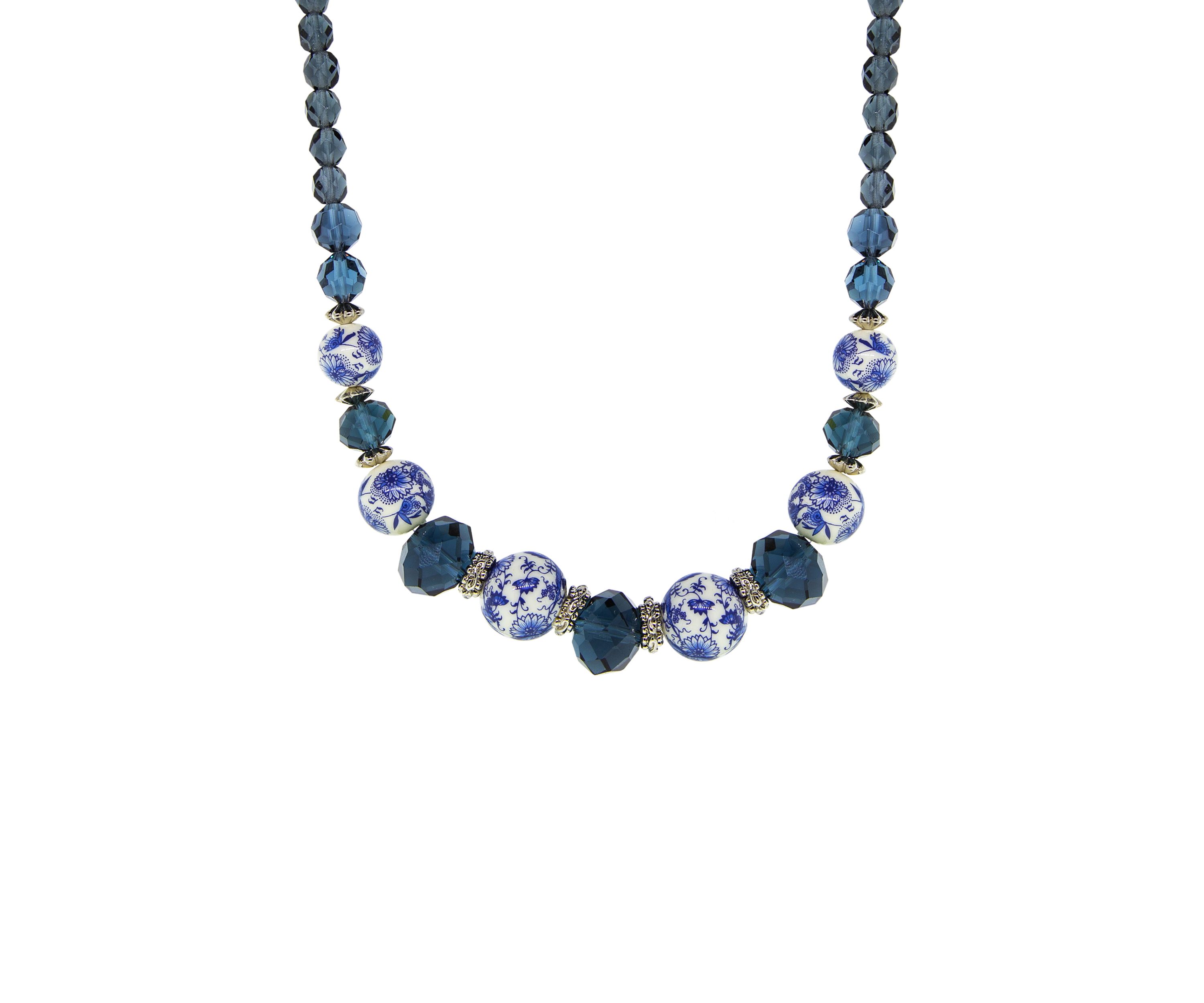 Silver Tone Blue Flower Bead Necklace