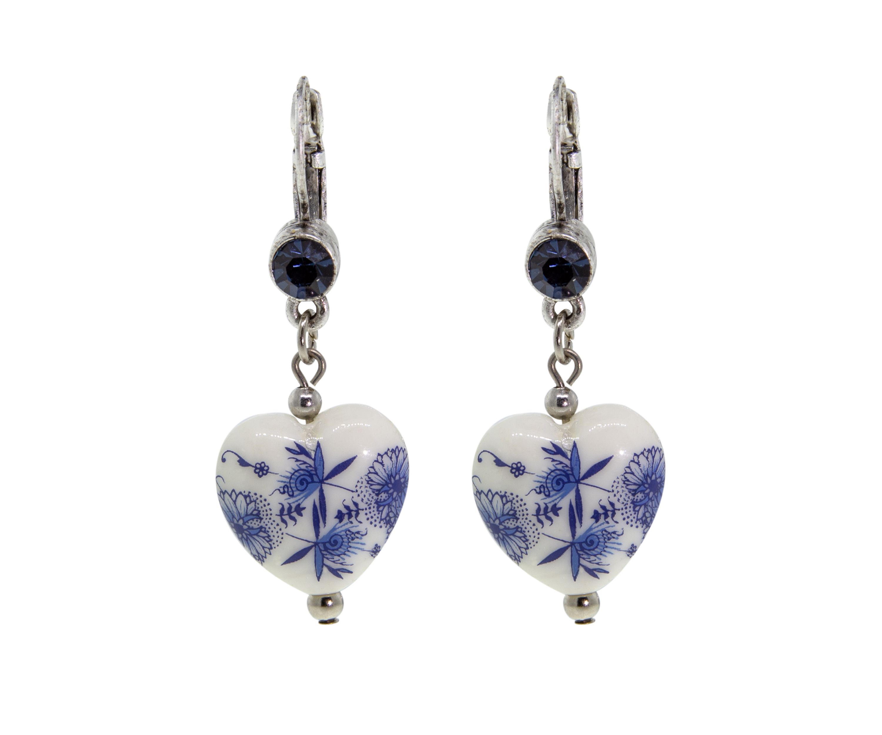 Silver Tone Blue Flower Heart Drop Earring