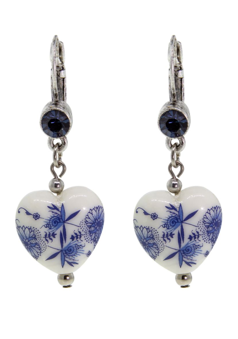 Silver Tone Blue Flower Heart Drop Earring
