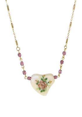 1928 Jewelry 16 Inch Adjustable Gold Tone Purple Beaded White Heart with Pink Floral Decal Necklace